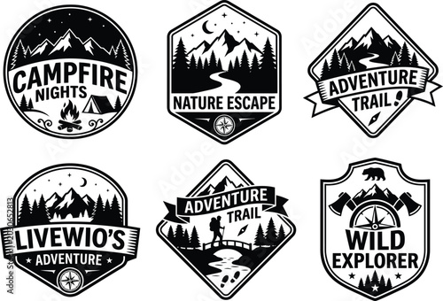 Obraz na plátně Group of six expert vintage manner outdoor adventure badges featuring intricate mountain and forest graphics