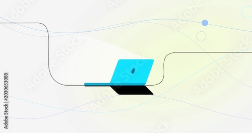 Cartoon smart laptop with geometric lines with circles background. Video business explainer style with motion design dynamic abstract geometry moving elements animation for business presentation.