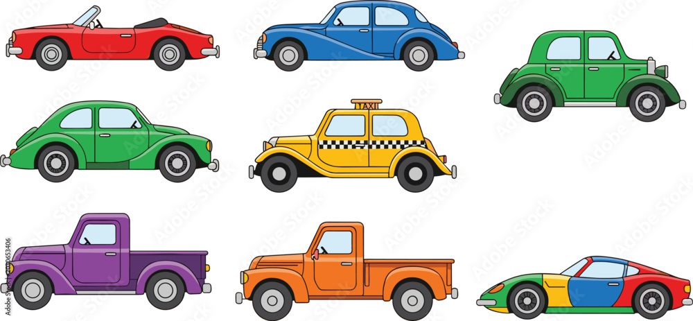 Naklejka premium Cars and Vehicles Icon Set Featuring Convertibles, Classic Cars, Taxi, Pickup Trucks, and Sports Cars for Apps, Websites, and Digital Designs