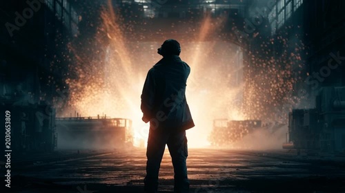 A construction engineer stands inside a massive industrial environment surrounded by sparks and heavy machinery. Cinematic lighting highlights power, scale, and engineering precision.