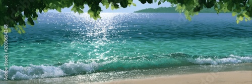 Lush green leaves frame a sun-drenched, turquoise ocean meeting a sandy shore