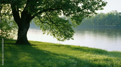Large tree casts shadows on a sunlit grassy bank beside a calm river