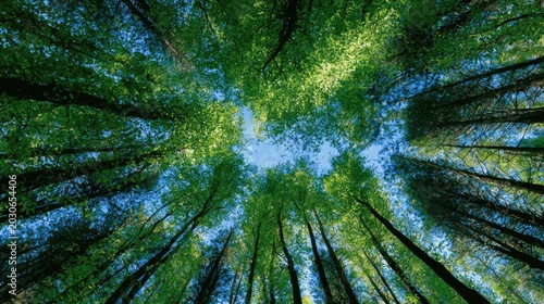 Looking up through a dense, green forest canopy towards a bright blue sky