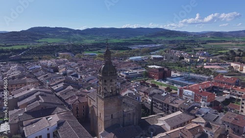 4K 60P Aerial Orbit Shot of Iglesia de Santiago in Puente la Reina Spain