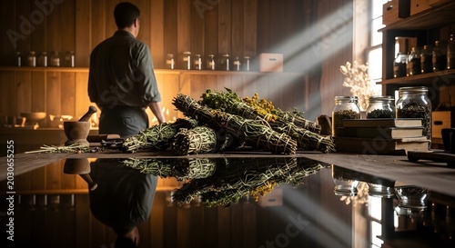 Herbalist preparing natural remedies in a rustic apothecary setting with sunbeams.