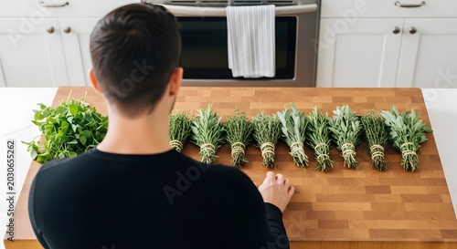 Man Arranging Fresh Herbs on a Wooden Cutting Board in a Kitchen.