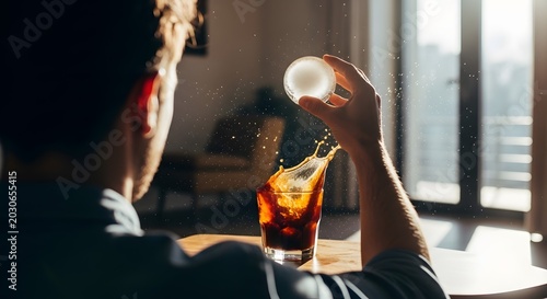 Man Dropping Ice Cube into Refreshing Cold Drink with Splash.
