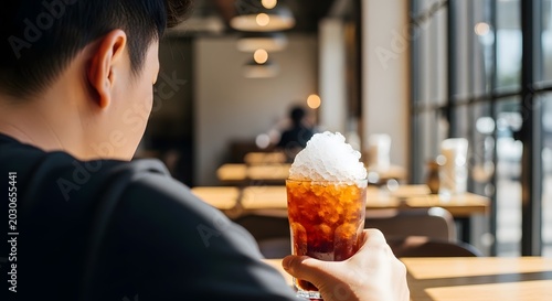 Man Enjoying a Refreshing Cold Brew Coffee in a Cafe.