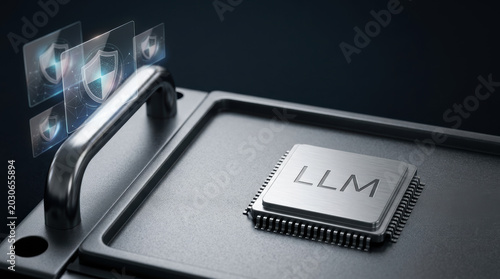 LLM microchip metal platform with security shield holograms, sleek tech design and cool lighting