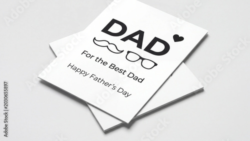 Greeting card stack features a minimalist black and white design with mustache and glasses icons, clearly presenting a heartfelt message for a parent on the upcoming celebration of Father's Day.
