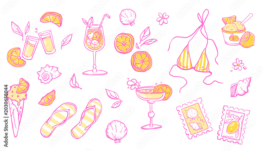 Obraz premium Vintage sketch pattern with yellow lemons, summer coastal vector set isolated. Italian amalfi design elements, doodle citrus fruits and limoncello drink, gelato, shell, bikini for mediterranean design