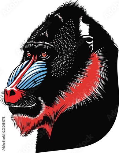 Quadro su tela Portrait of a colorful mandrill monkey head illustration