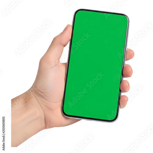 Hand holding a smartphone with a blank green screen display isolated on a transparent background