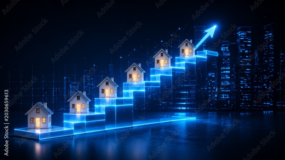 Naklejka premium Conceptual Illustration of Real Estate Growth and Investment Strategies in a Digitally Enhanced Urban Environment