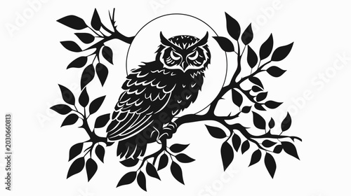 Black and white owl perched on a branch with leaves and moon silhouette