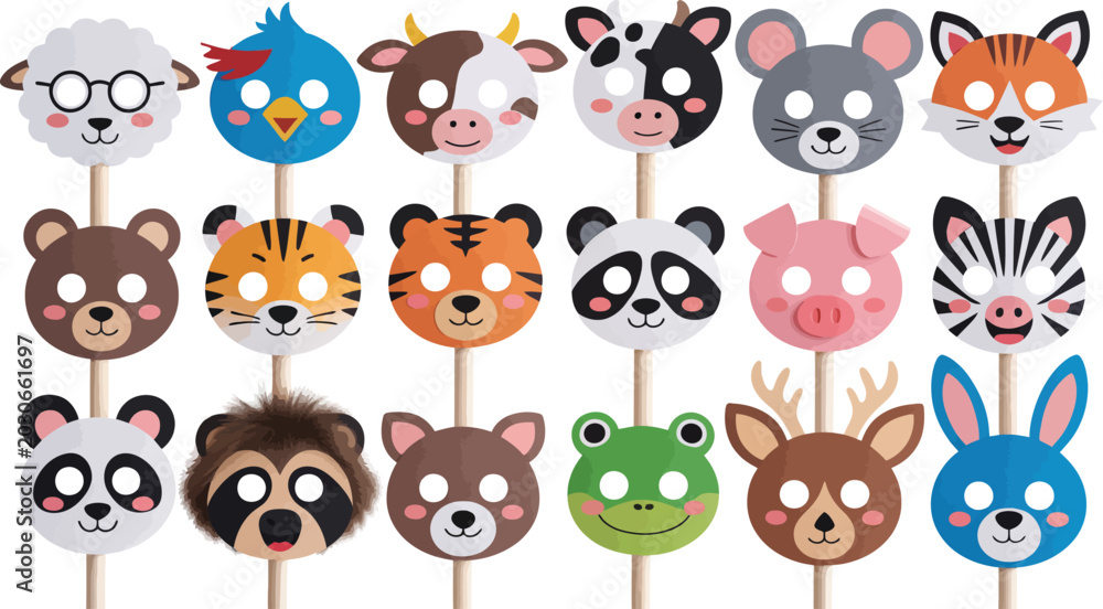 Obraz premium A charming collection of eighteen handcrafted animal masks on sticks for children party fun