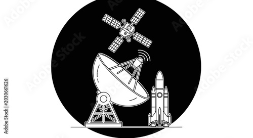 Bild auf Leinwand Satellite Dish and Rocket Illustration.