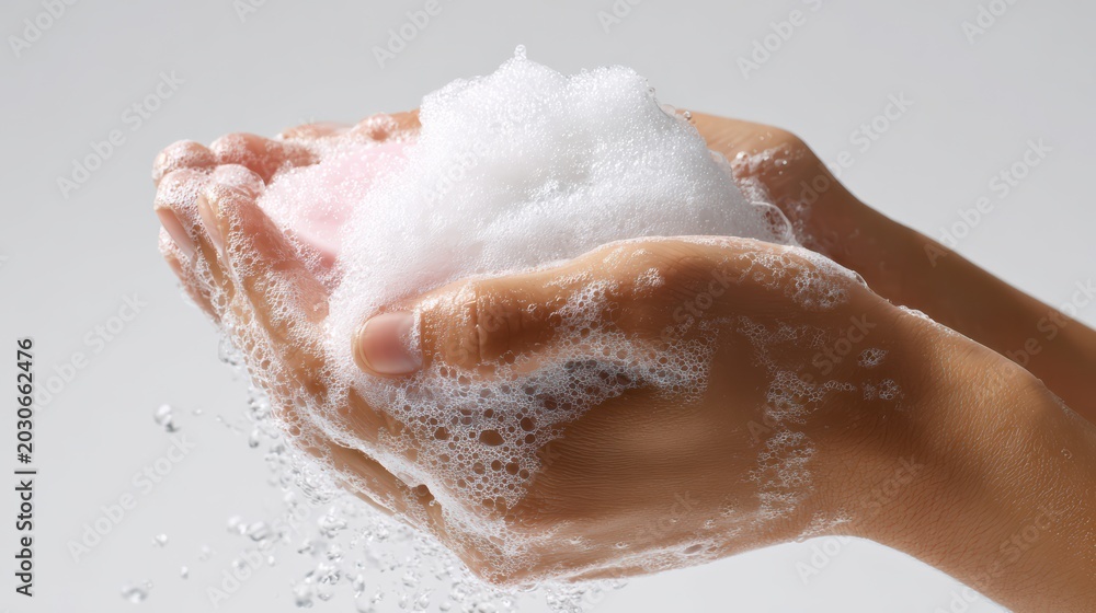 Fototapeta premium female hands lathering bar soap foam during hand washing, minimal soft white background, hygiene and cleanliness theme, ultra realistic photography,