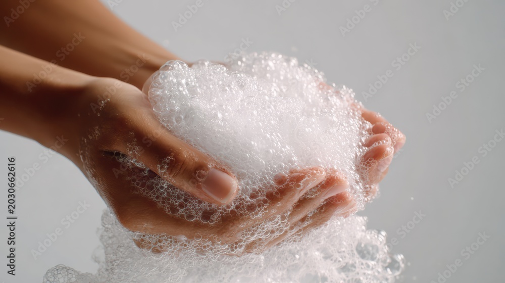 Fototapeta premium female hands washing with solid bar soap, rich foam lather, hands visible up to elbow, clean soft white background, hygiene concept