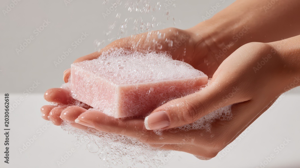 Fototapeta premium female hands washing with solid bar soap, rich foam lather, hands visible up to elbow, clean soft white background, hygiene concept