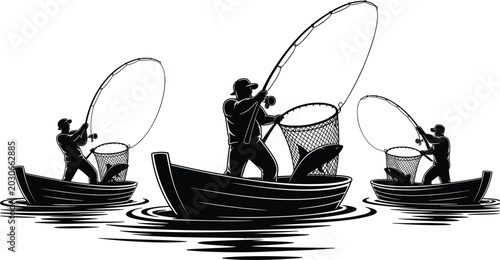 Bild auf Leinwand Fishermen catching large fish silhouette vector illustration with small boats is