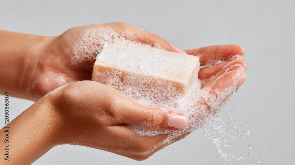 Fototapeta premium woman washing hands with solid soap bar creating rich foam, arms visible to elbow, soft studio white background