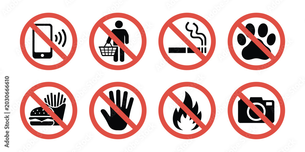 Φωτογραφία Prohibited Icons Set Featuring No Cell Phone, Smoking, Pets, Eating, Drinks, Tou