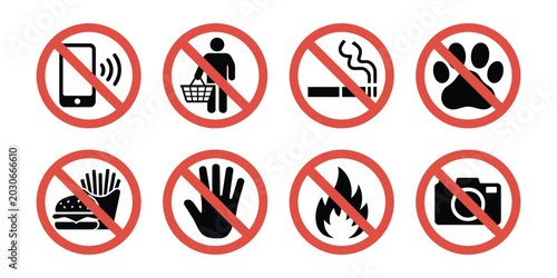 Foto Prohibited Icons Set Featuring No Cell Phone, Smoking, Pets, Eating, Drinks, Tou
