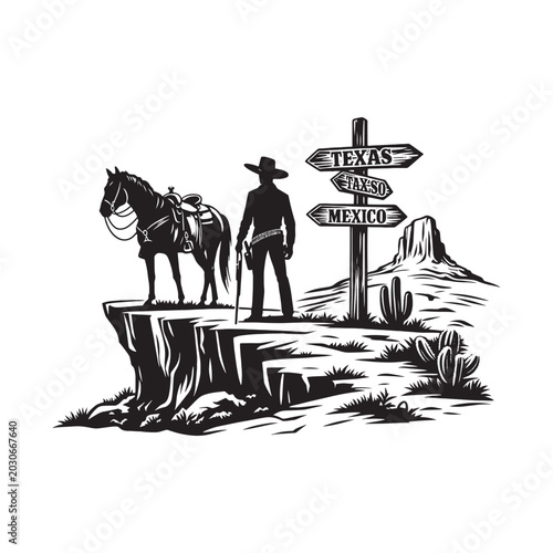 Schilderij op canvas Cowboy standing on cliff with horse and directional sign isolated on white backg