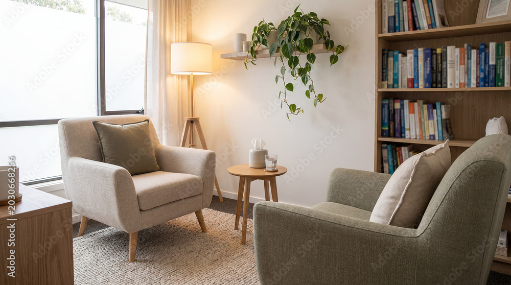 Fototapeta premium therapist office interior counseling room mental health consultation calm welcoming chairs books and soft light create a private professional setting for talk therapy support concept