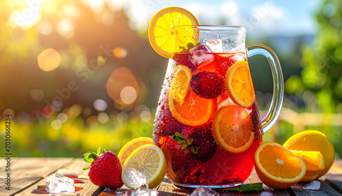 Glass pitcher filled with red wine ice cubes and fruit slices standing in bright sunlight with condensation on the glass generative AI