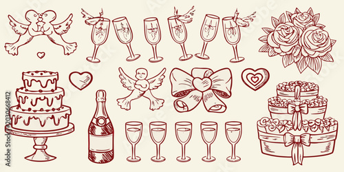 Foto hand drawn wedding elements sketch with champagne glasses and doves
