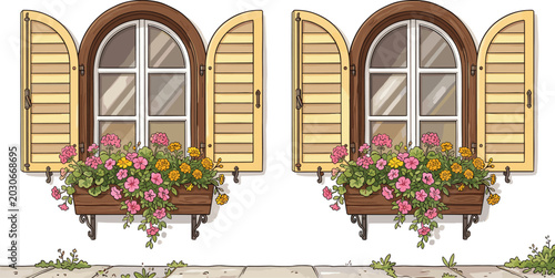 Bild auf Leinwand Vintage Arched Wooden Windows Vector Set with Open Shutters and Blooming Flower