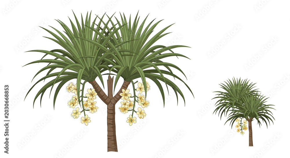 Obraz premium Tropical pandanus trees exhibit long pointed green leaves and hanging clusters of fragrant pale yellow blossoms.