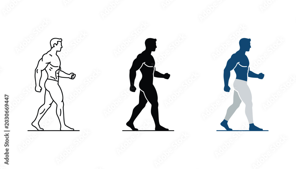 Fototapeta premium Muscular male bodybuilder walking pose icon set featuring outline solid and dual tone blue and grey vector graphic styles for fitness gym and health sports brand identity and mobile app design