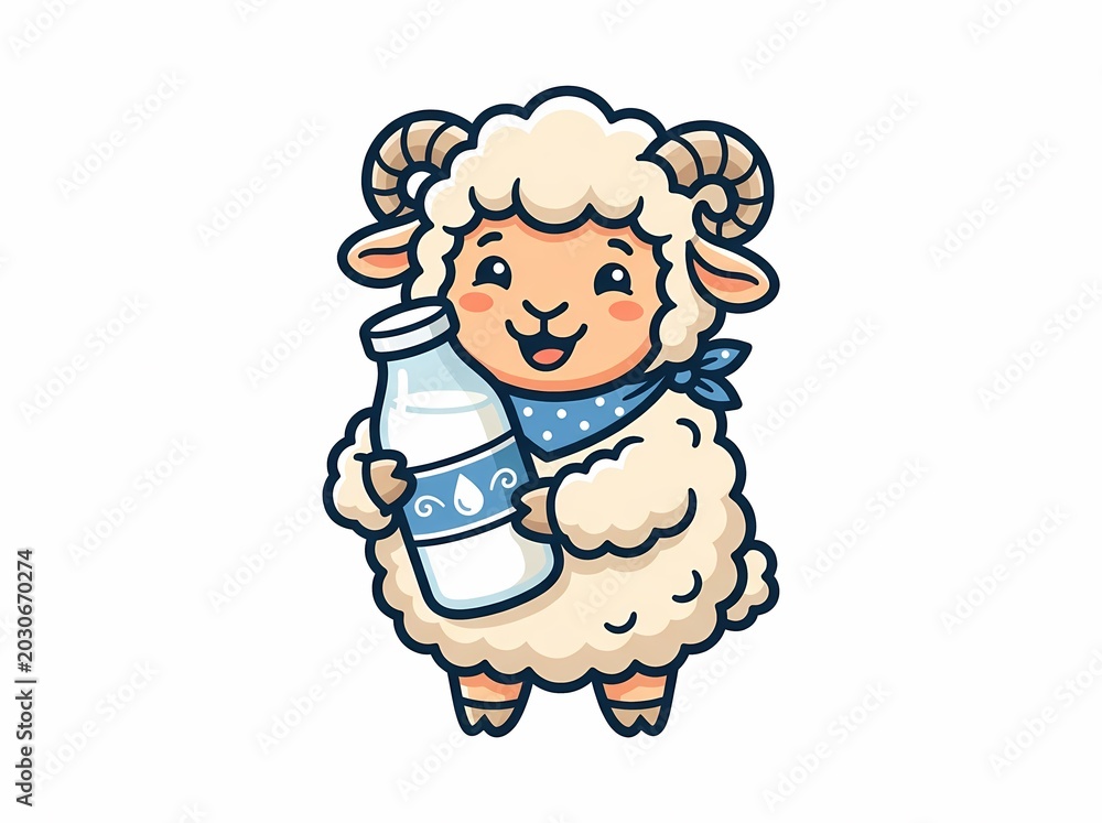 Fototapeta premium Cute cartoon sheep holding a fresh bottle of milk.