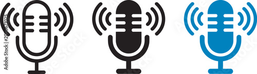 Photos microphone and voice recording icon set for podcast mic symbol with sound waves