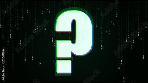 Cyberpunk Hacker Binary Code Question Mark Matrix Style. Glowing white-green 3D question mark with glitch effect surrounded by falling binary code on dark hacker background.