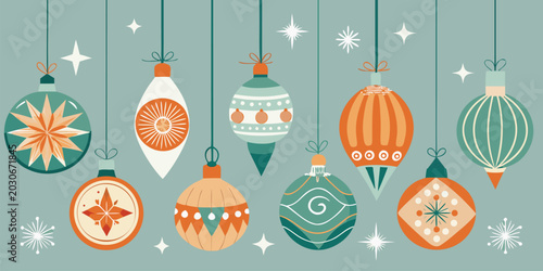 Retro christmas ornaments in teal and orange with a background of sparkling stars and snowflakes capturing a cheerful mid-century modern aesthetic for holiday designs.