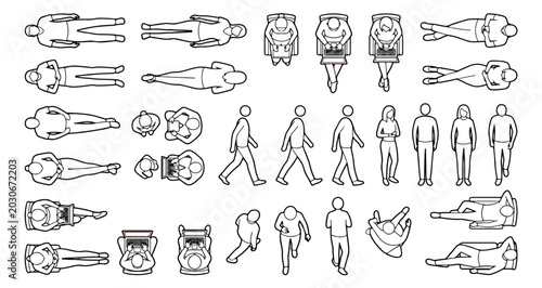 Architectural people silhouettes in top view and side view, minimalist line art human figures for floor plans, 2D vector scale people for CAD drawings
