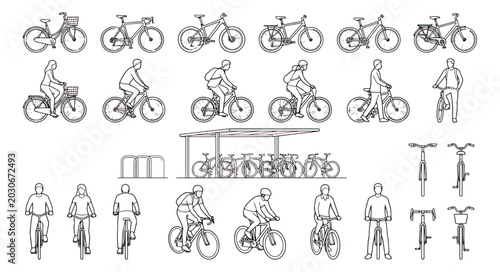 Bild auf Leinwand Minimalist bicycle line icons and people riding bikes vector set, architectural