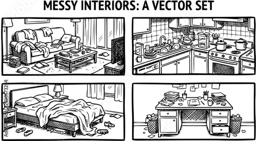 Cuadro en lienzo Messy Interiors Vector Set: Living Room, Kitchen, Bedroom, Office - Black and Wh