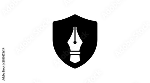 Foto Shield emblem featuring a fountain pen nib represents the protection of intellectual property rights and creative integrity in professional legal settings
