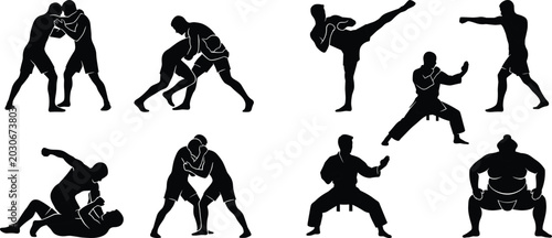 Foto Martial arts and combat sports silhouettes collection featuring karate, wrestlin