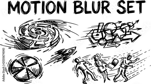 Schilderij op canvas Black and White Line Art Motion Blur Set: Vortex, Rocket, Abstract Shapes, Peopl