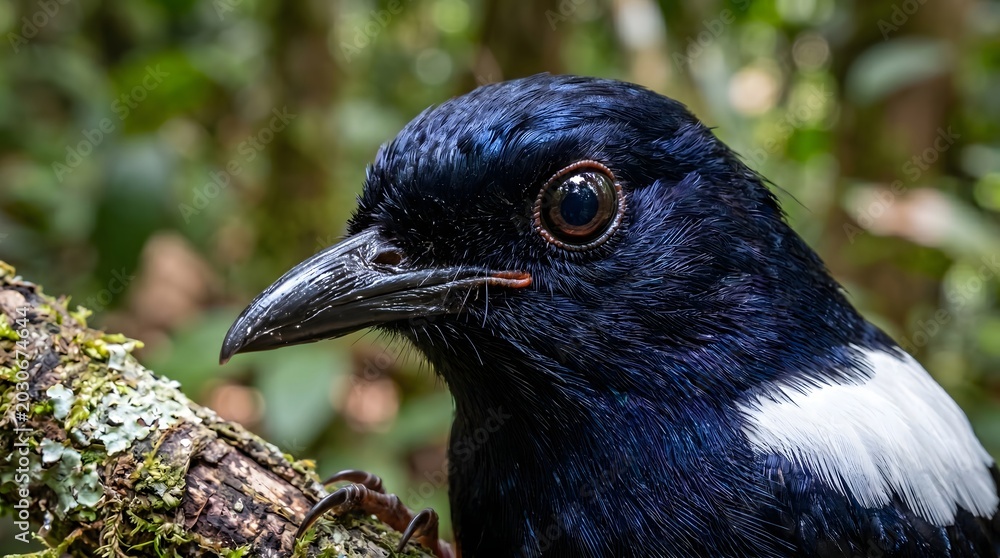 Fototapeta premium Close-up Portrait of a Black and White Bird in a Forest Setting.