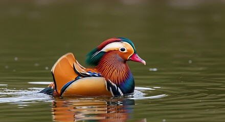 Vibrant mandarin duck floating on calm water with colorful plumage