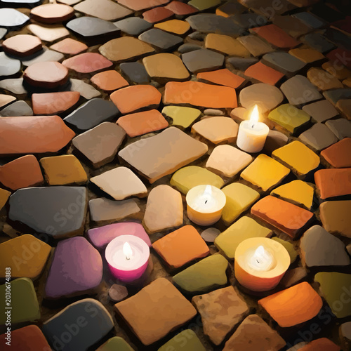 cobblestone pattern with tea light candles vector background illustration