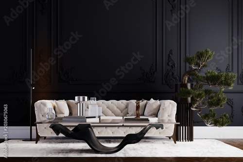 Fotografía Dark luxury living room with classic wall moldings, elegant sofa and modern decor elements