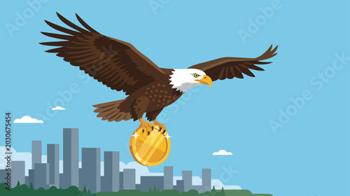 Cuadro en lienzo A majestic bald eagle perches on a gold coin, overseeing a cityscape